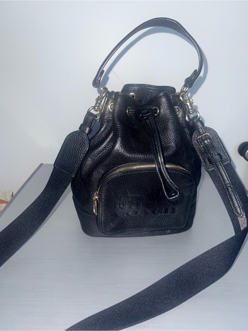 Coach Black Pebbled Leather Drawstring Bucket Crossbody